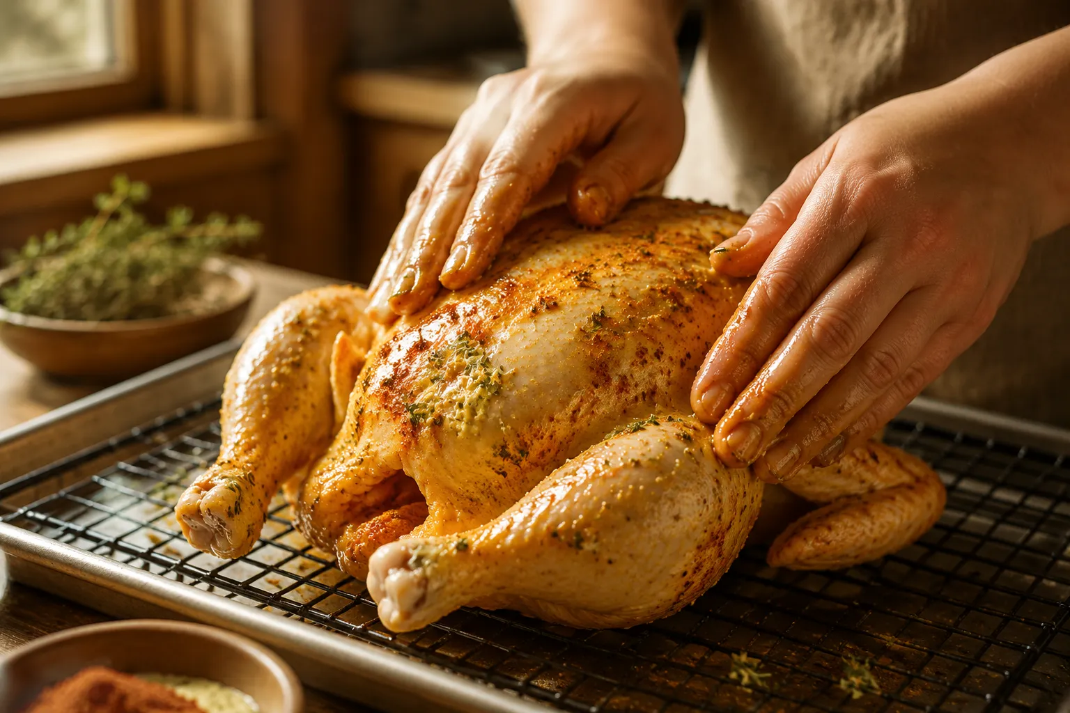 Seasoning whole chicken with butter and herbs before baking
