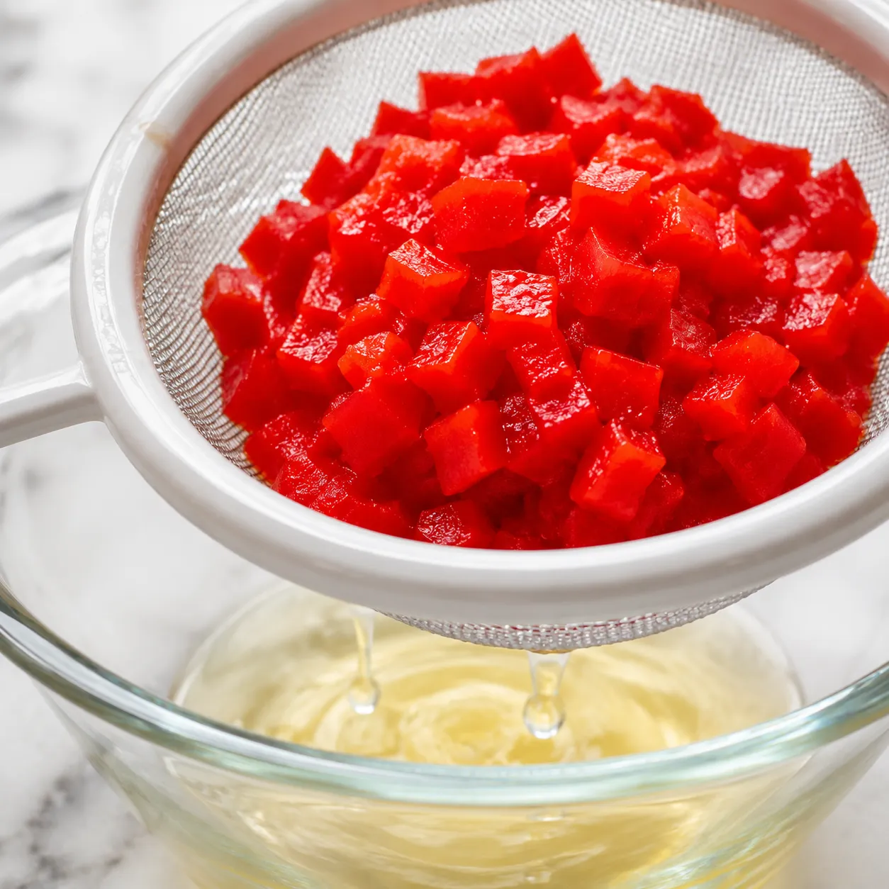Draining diced pimentos for a Southern pimento cheese dip