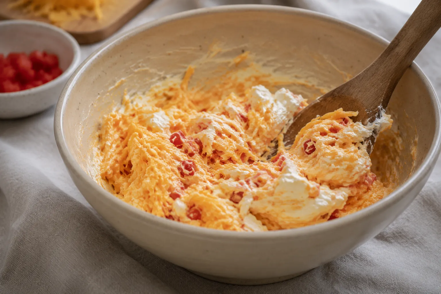 Mixing pimento cheese recipe ingredients in a bowl