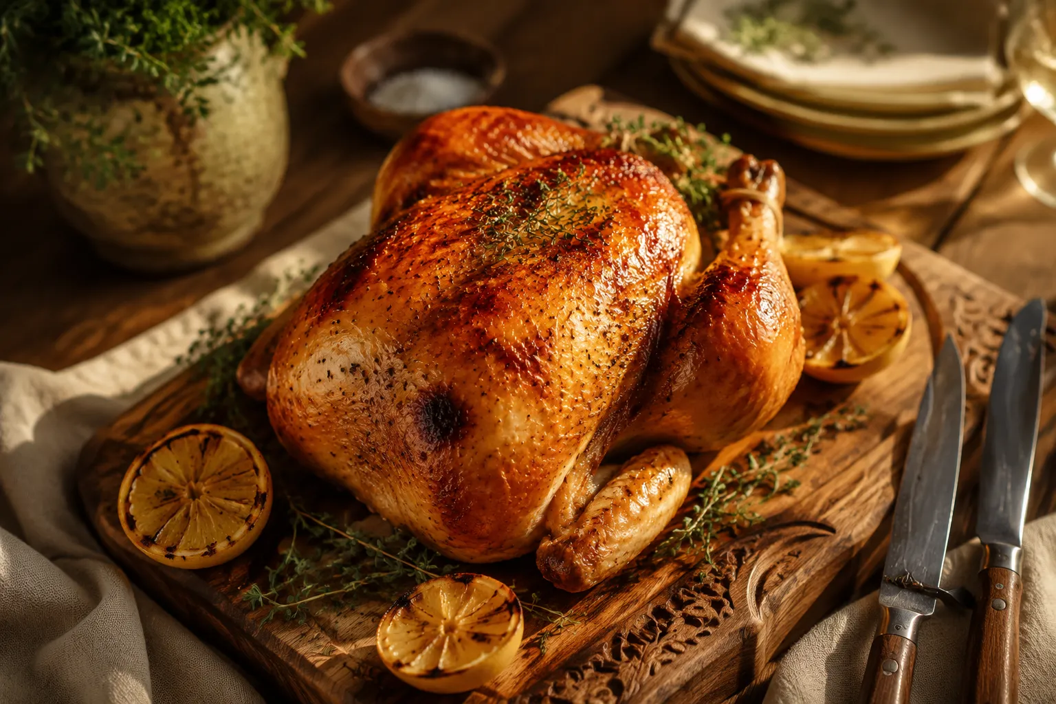 Oven-baked whole chicken resting before carving