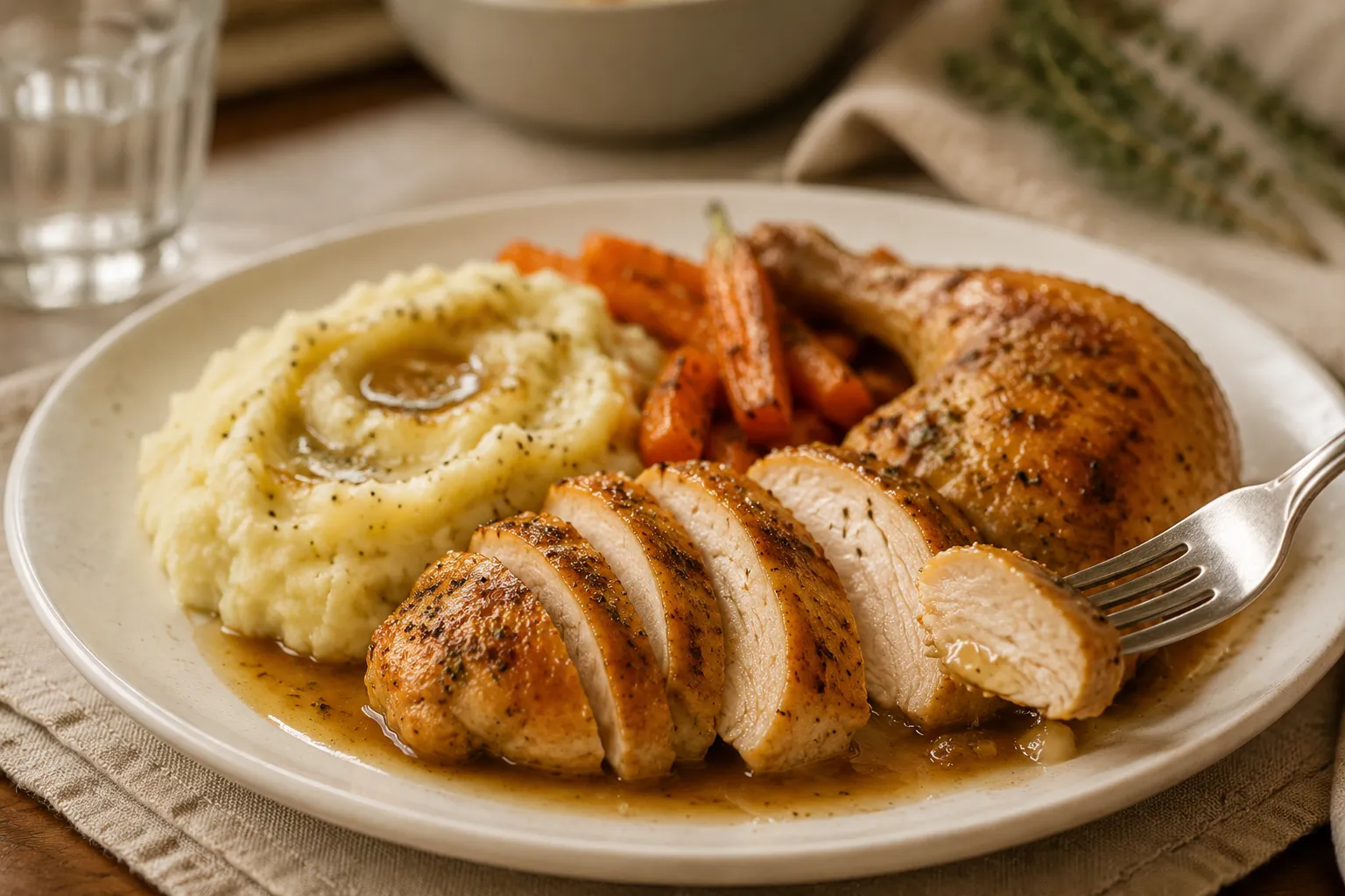 Serving roast whole chicken with mashed potatoes and gravy