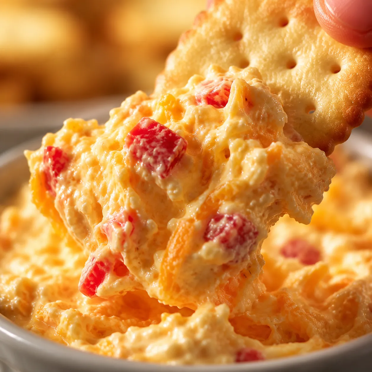 Close-up of creamy pimento cheese dip on a cracker