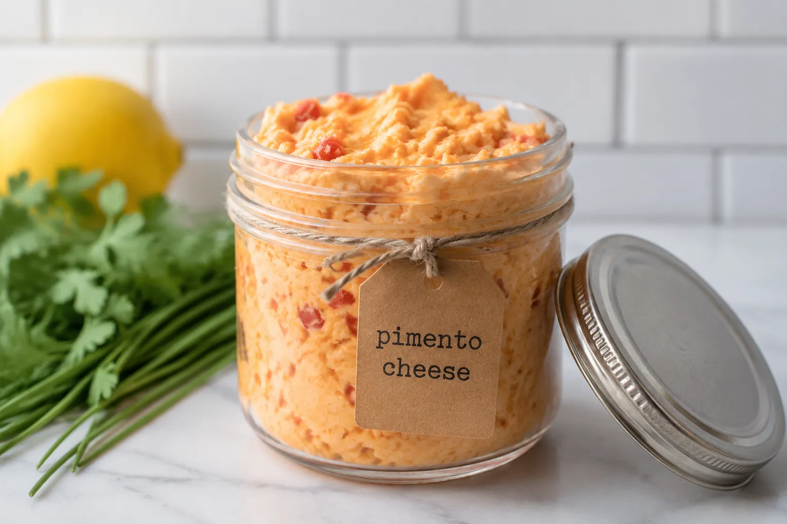 Homemade pimento cheese stored in a glass jar for the fridge