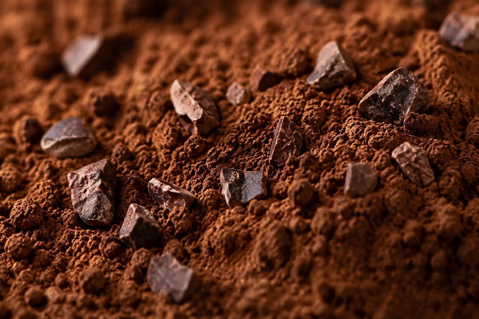 Raw cacao powder close-up texture with cacao nibs