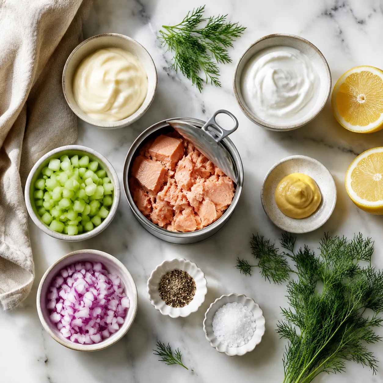Salmon salad recipe ingredients flatlay with canned salmon, dill, lemon, and celery