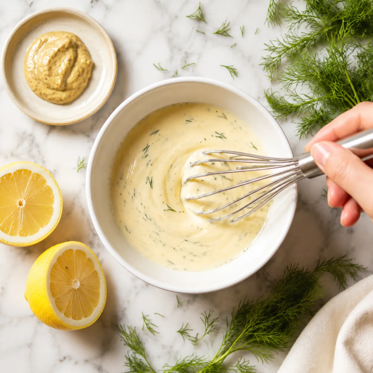 Creamy lemon dill dressing for salmon salad recipe being whisked