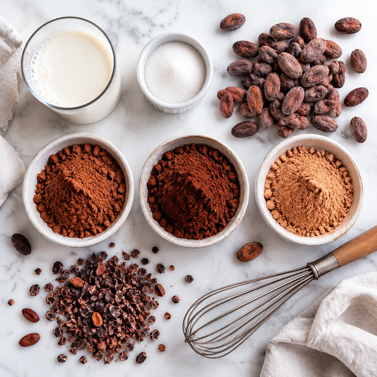 Cocoa powder cacao ingredients flatlay with cacao nibs and beans