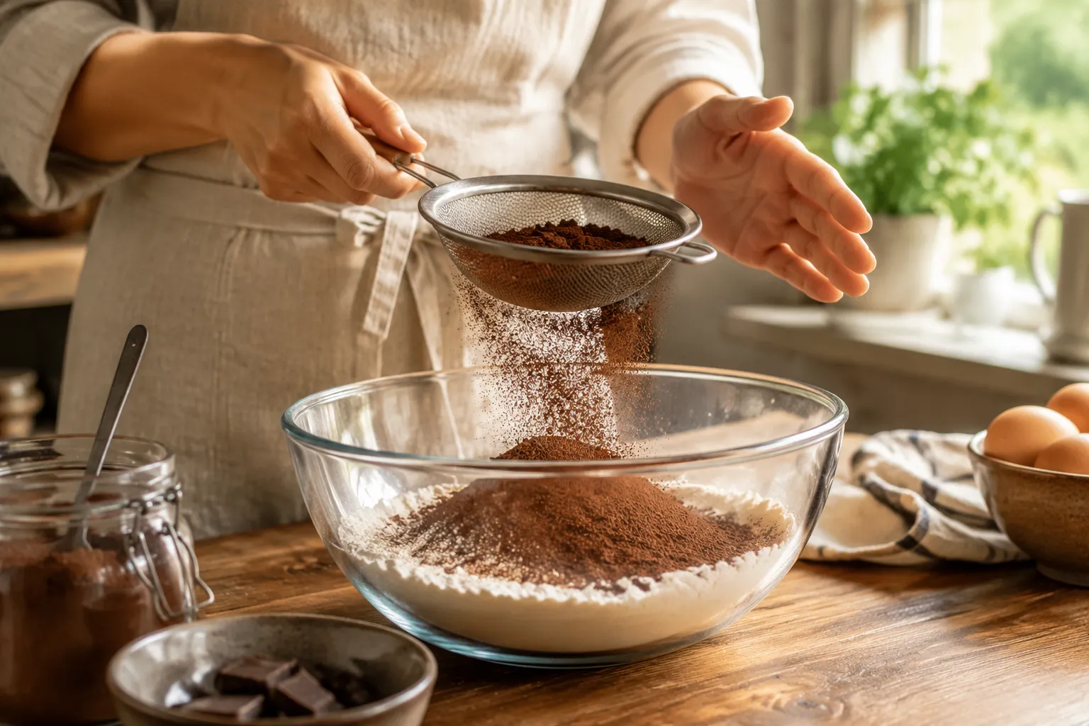 Sifting cocoa powder into a baking bowl for cake batter
