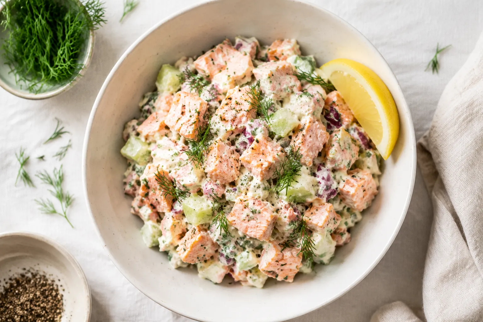 Finished salmon salad recipe in a ceramic bowl topped with fresh dill