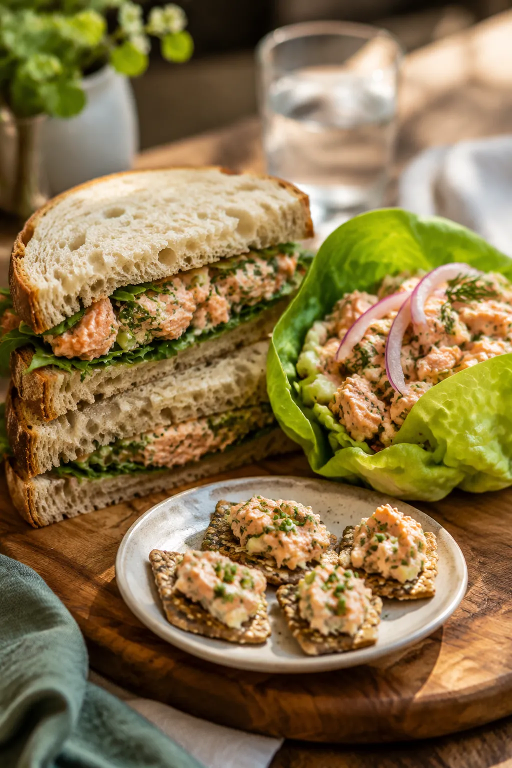 Salmon salad recipe served as sandwich, lettuce wraps, and on crackers