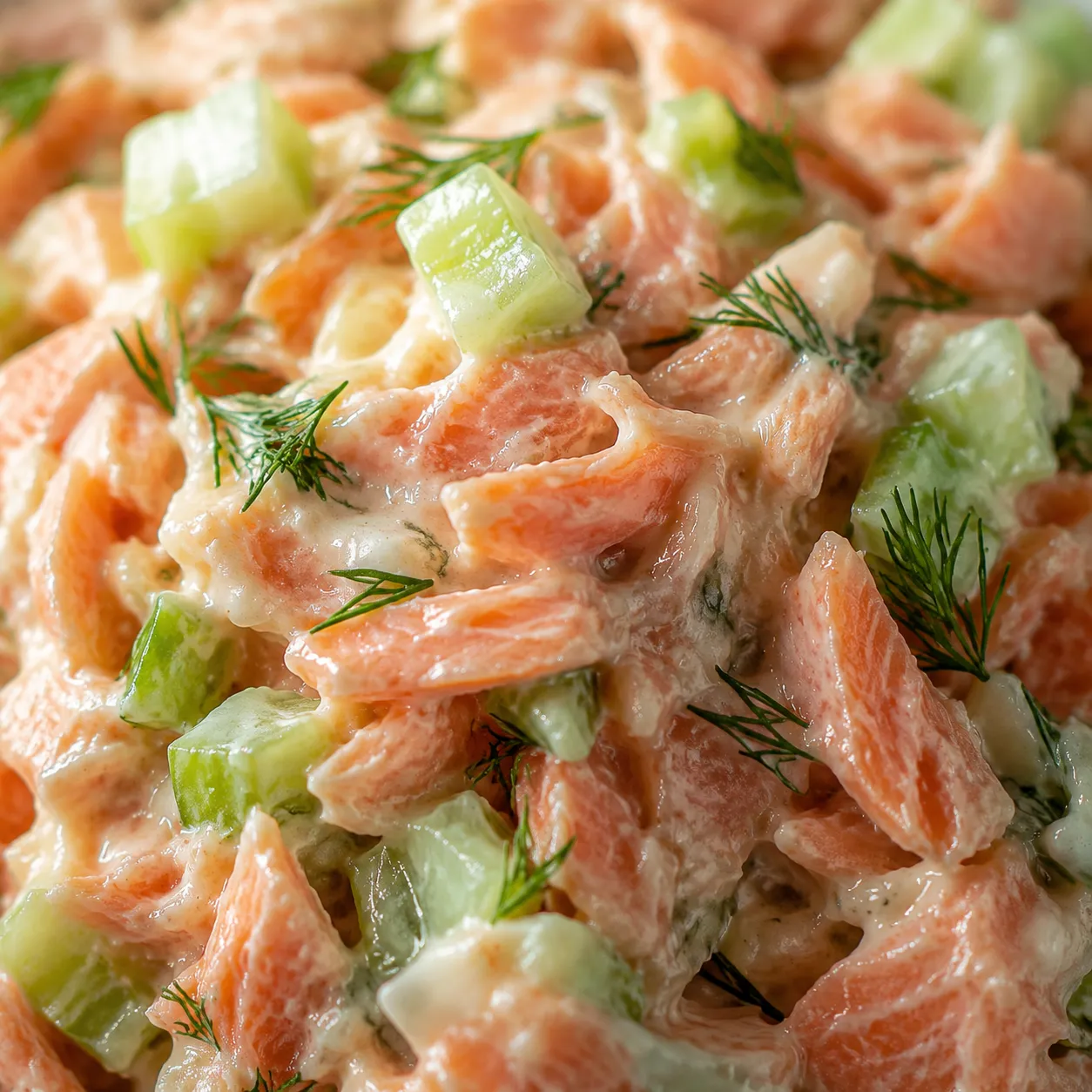 Close-up texture of creamy salmon salad recipe with dill and celery