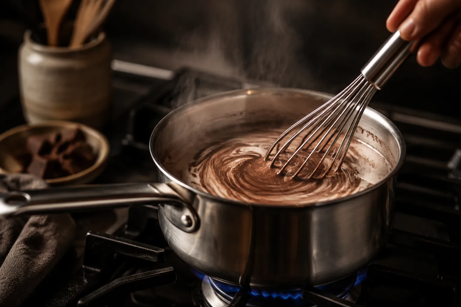 Whisking cocoa powder into warm milk for hot chocolate