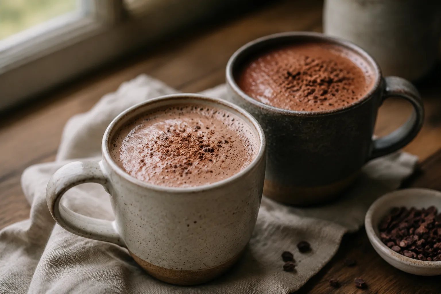 Cocoa powder cacao hot chocolate comparison in two mugs