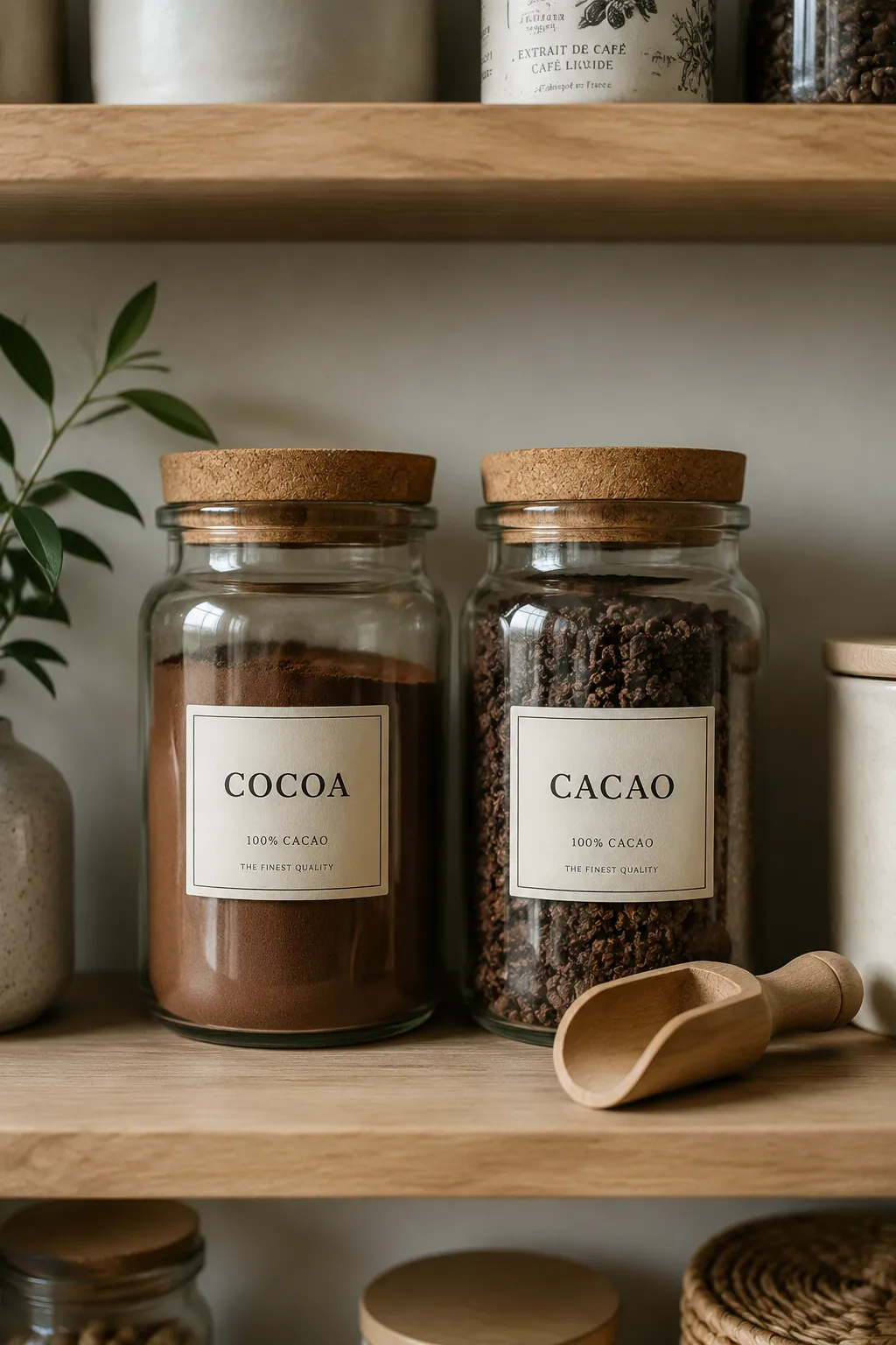 Storing cocoa powder and cacao powder in labeled pantry jars