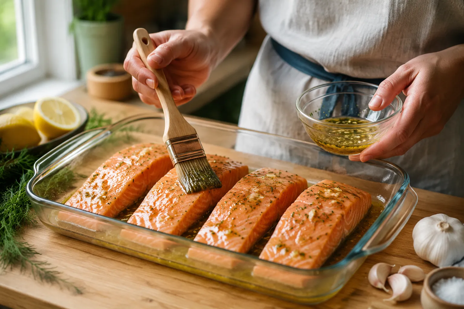 Brushing lemon garlic marinade onto raw salmon fillets before grilling