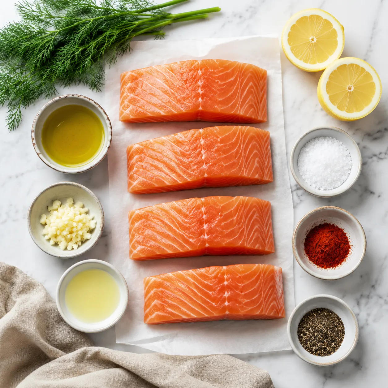 Grilled salmon recipe ingredients flatlay with fillets, lemon, garlic, and herbs