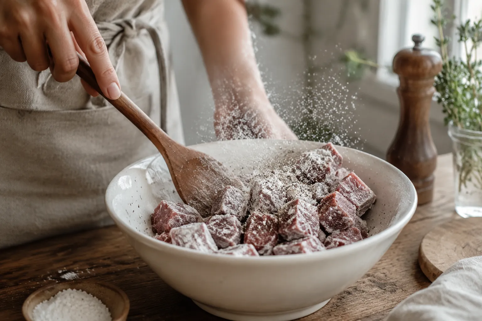 Hands tossing beef chuck cubes in seasoned flour for slow cooker stew