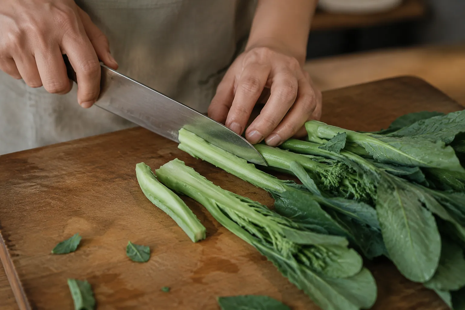 Trimming and splitting Chinese broccoli stems before cooking