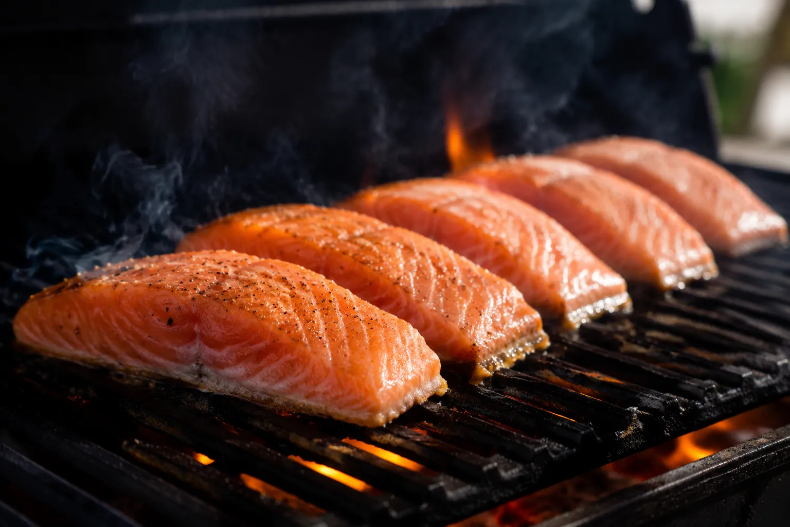 Salmon fillets cooking skin-side down on hot grill with grill marks forming