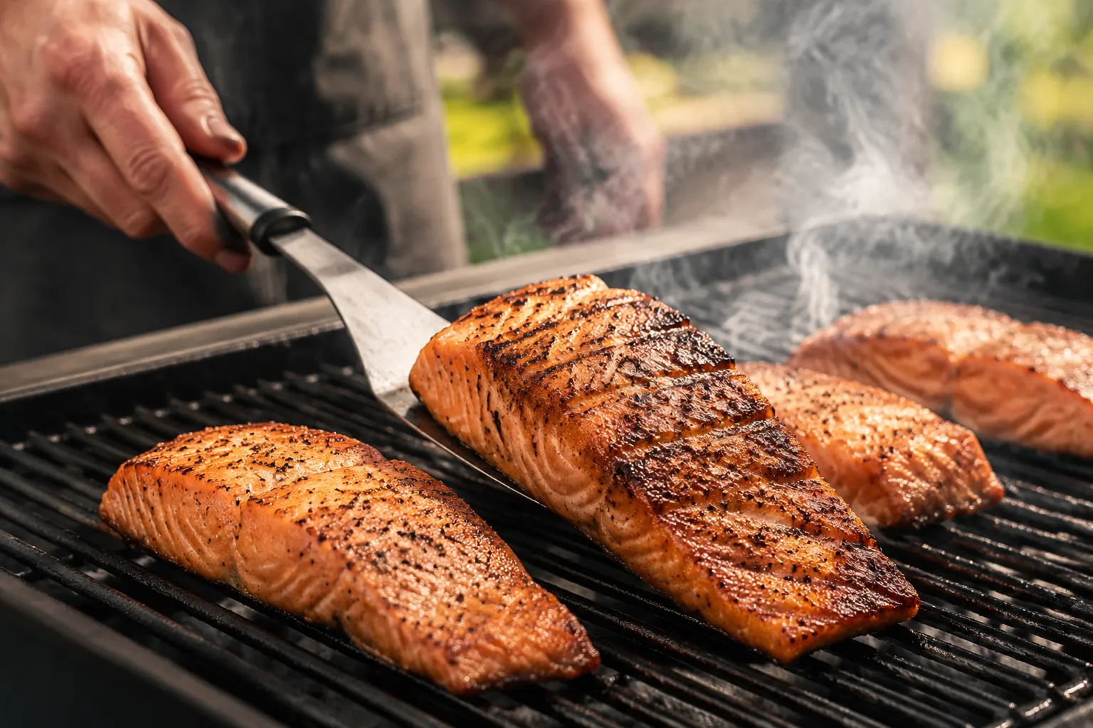 Flipping grilled salmon fillet with a spatula to show crispy grill marks