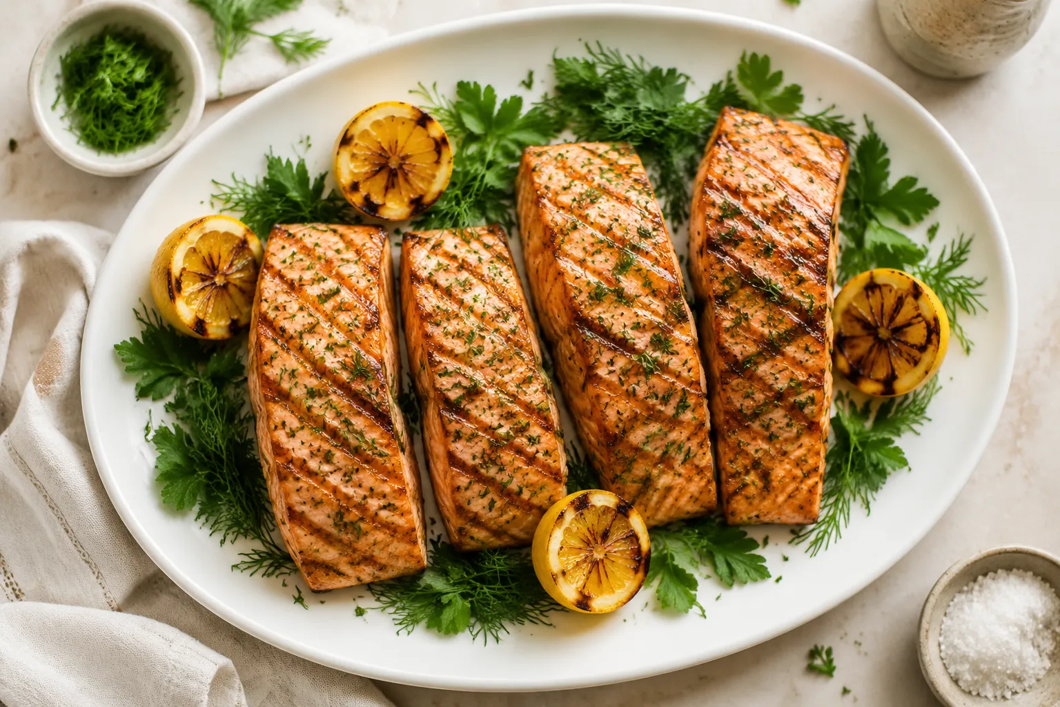 Grilled salmon recipe plated on white platter with charred lemon and fresh dill