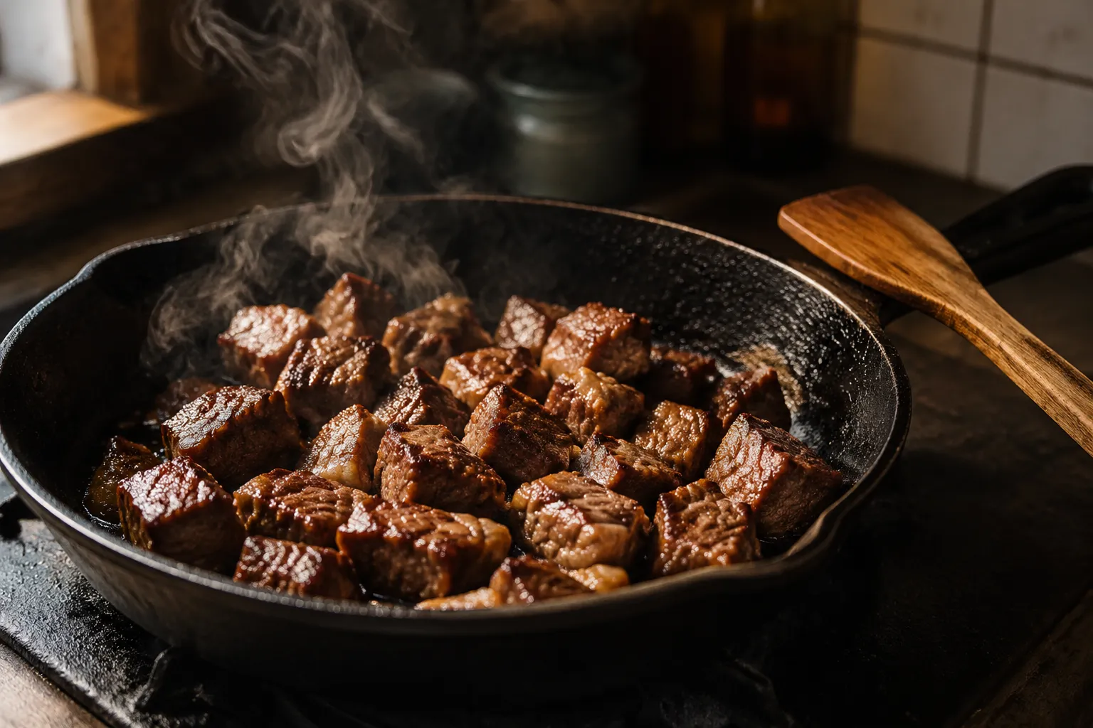 Searing beef chuck cubes in cast iron skillet before slow cooking