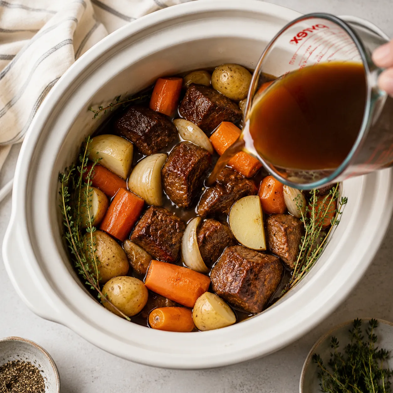 Layering beef and vegetables in slow cooker crockpot before low and slow cooking