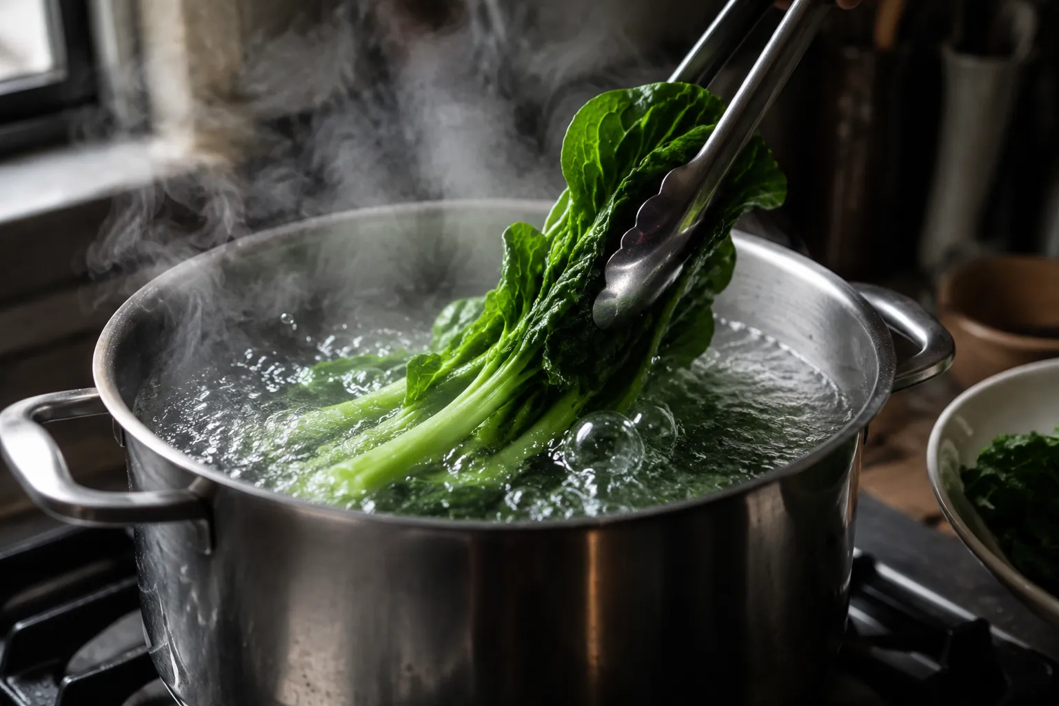 Blanching Chinese broccoli in salted boiling water until crisp-tender