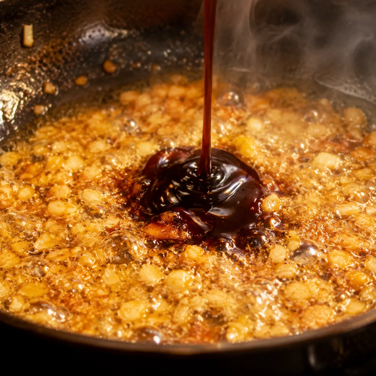 Garlic sizzling in oil with oyster sauce for Chinese broccoli topping