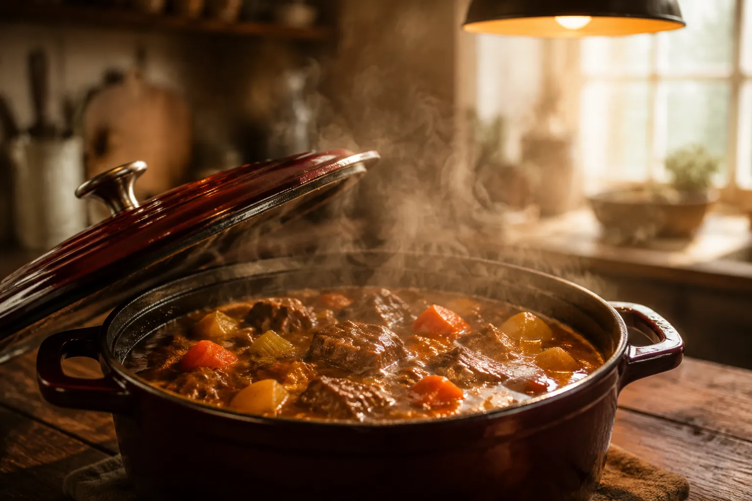 Finished slow cooker beef stew bubbling in the crockpot with steam rising