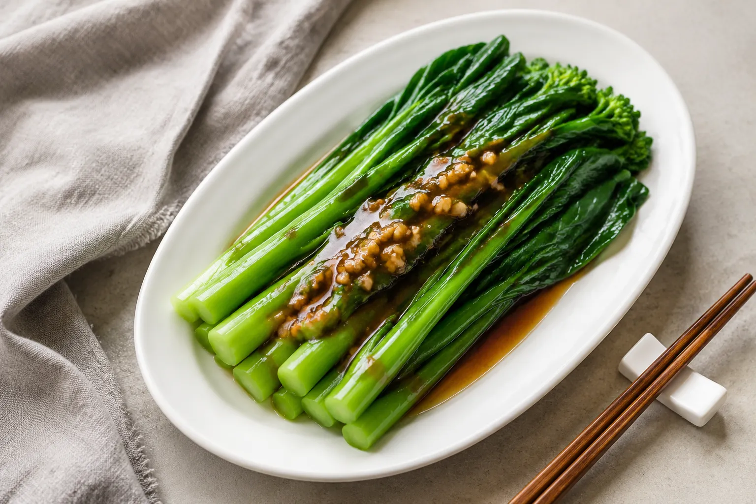 Finished Chinese broccoli with garlic oyster sauce ready to serve
