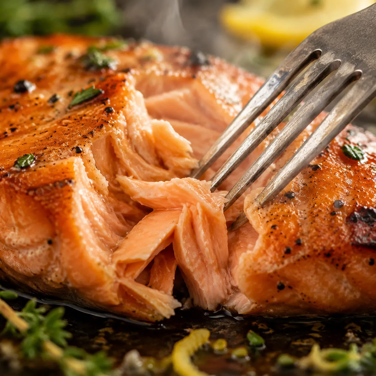Flaky grilled salmon interior pulled apart with a fork showing tender pink layers