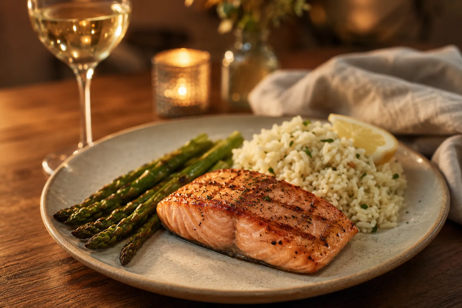 Grilled salmon served with asparagus and lemon rice on a dinner plate