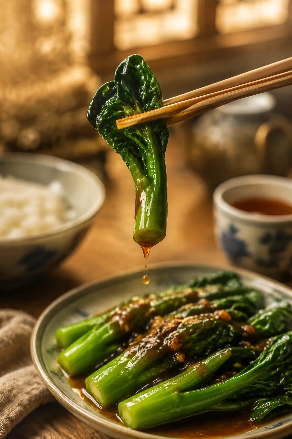 Chopsticks lifting a saucy stalk of Chinese broccoli with oyster sauce