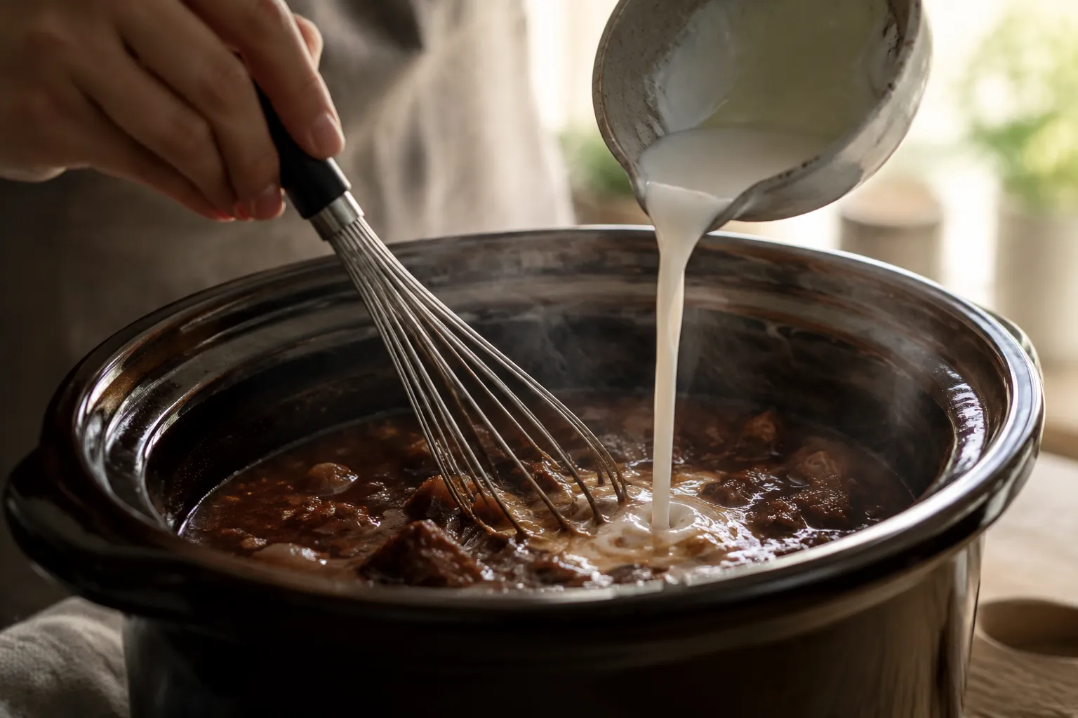 Whisking cornstarch slurry into slow cooker beef stew to thicken the gravy