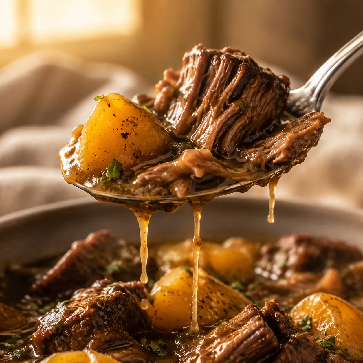 Close-up of fork-tender slow cooker beef and potato on a spoon with gravy