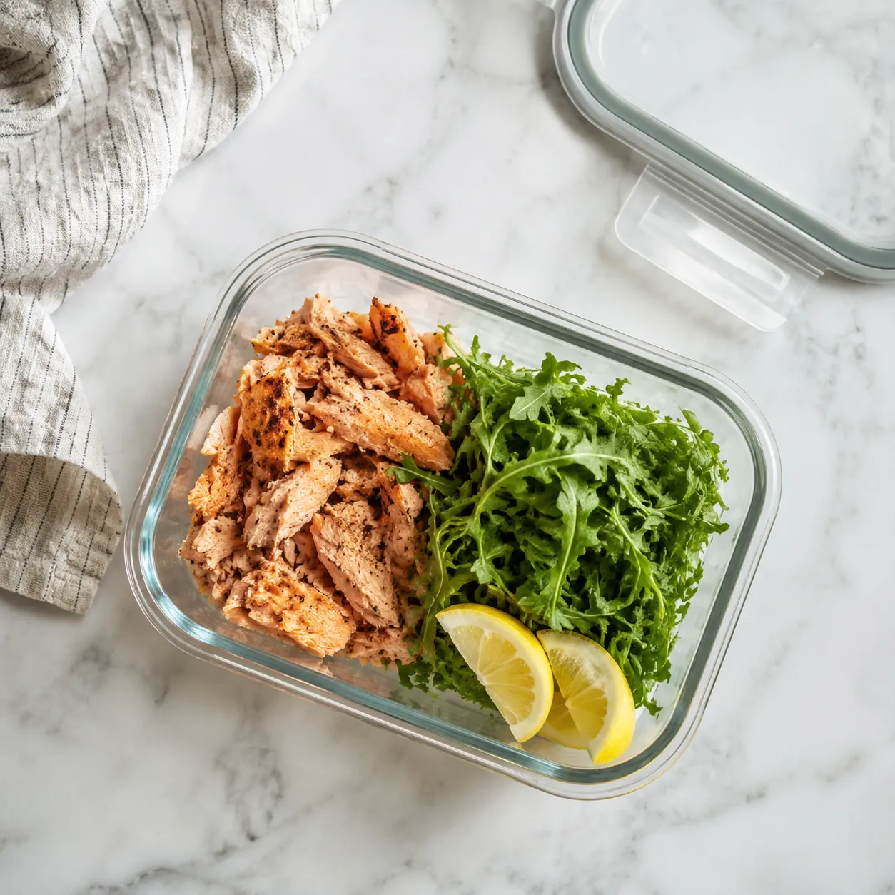 Storing leftover grilled salmon in a glass meal prep container with lemon wedges
