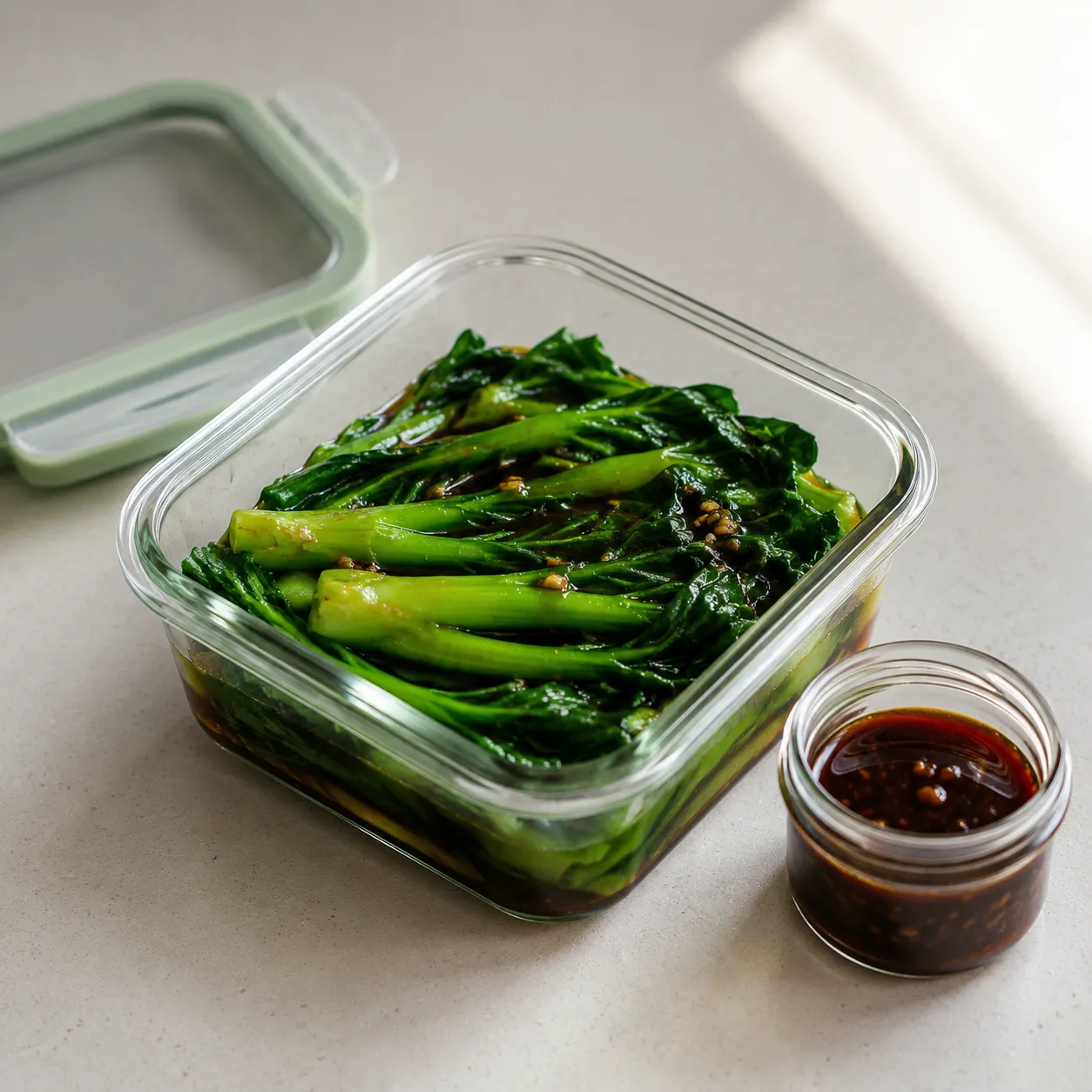 Storing leftover Chinese broccoli with garlic oyster sauce in a glass container