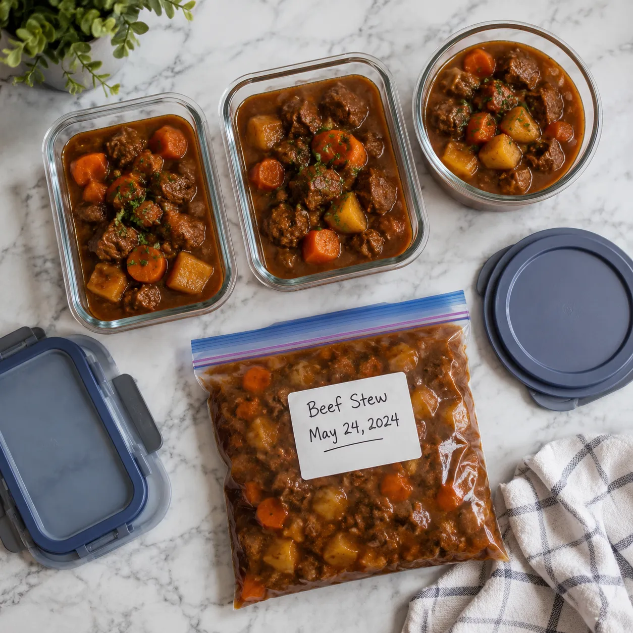 Slow cooker beef stew portioned in meal prep containers and freezer bag for storage
