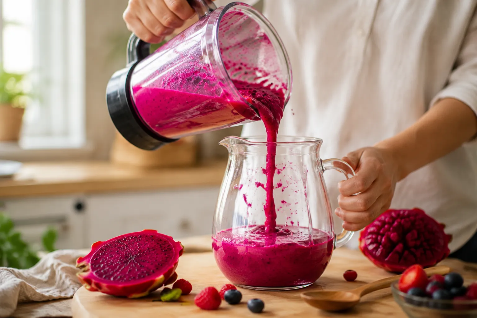 Pouring dragonfruit berry puree to make Taco Bell mocktail base