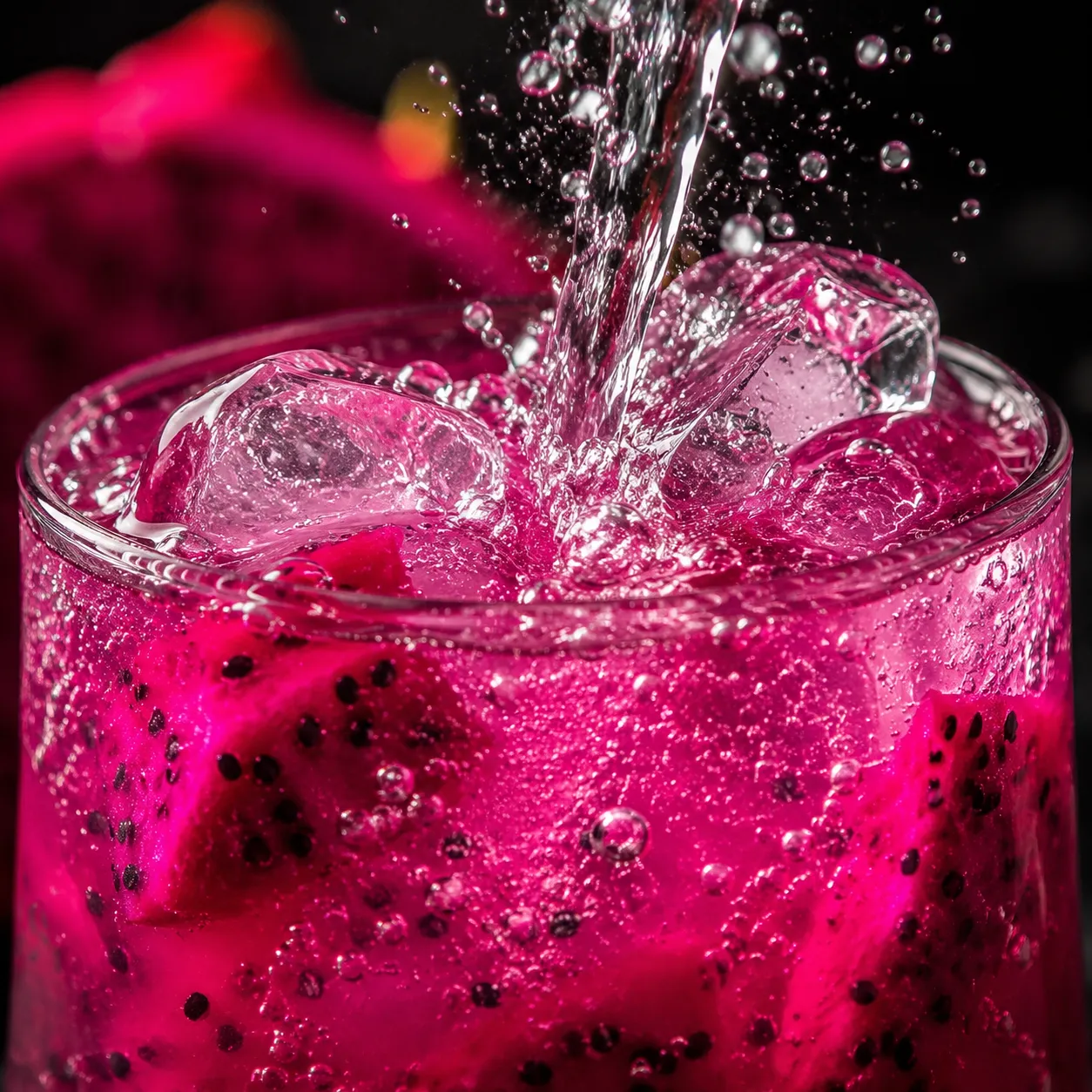 Sparkling water poured over dragonfruit mocktail close-up