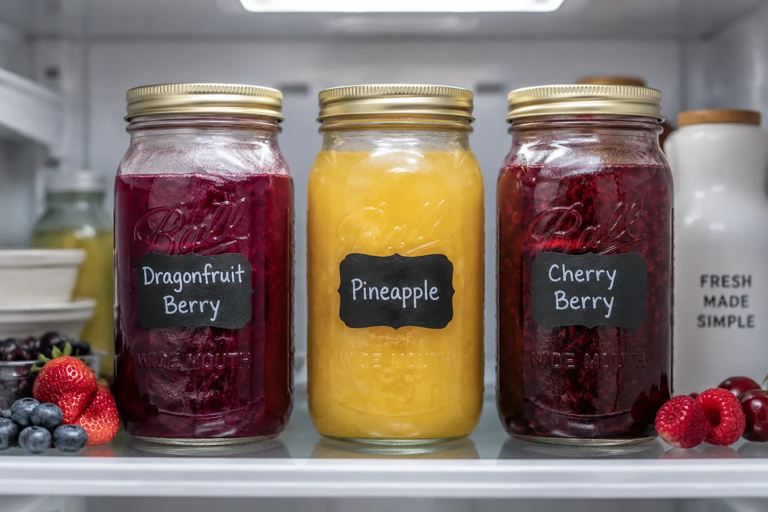 Make-ahead fruit syrups for Taco Bell mocktails stored in mason jars