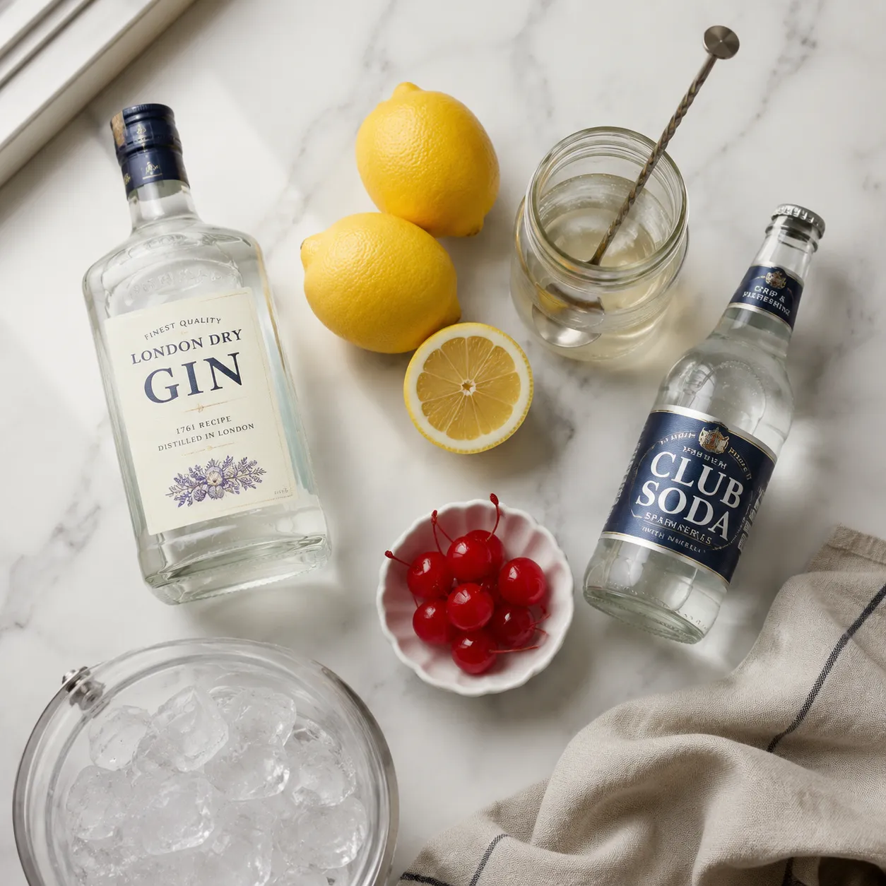 Tom Collins recipe ingredients flatlay with gin, lemons, simple syrup, and club soda