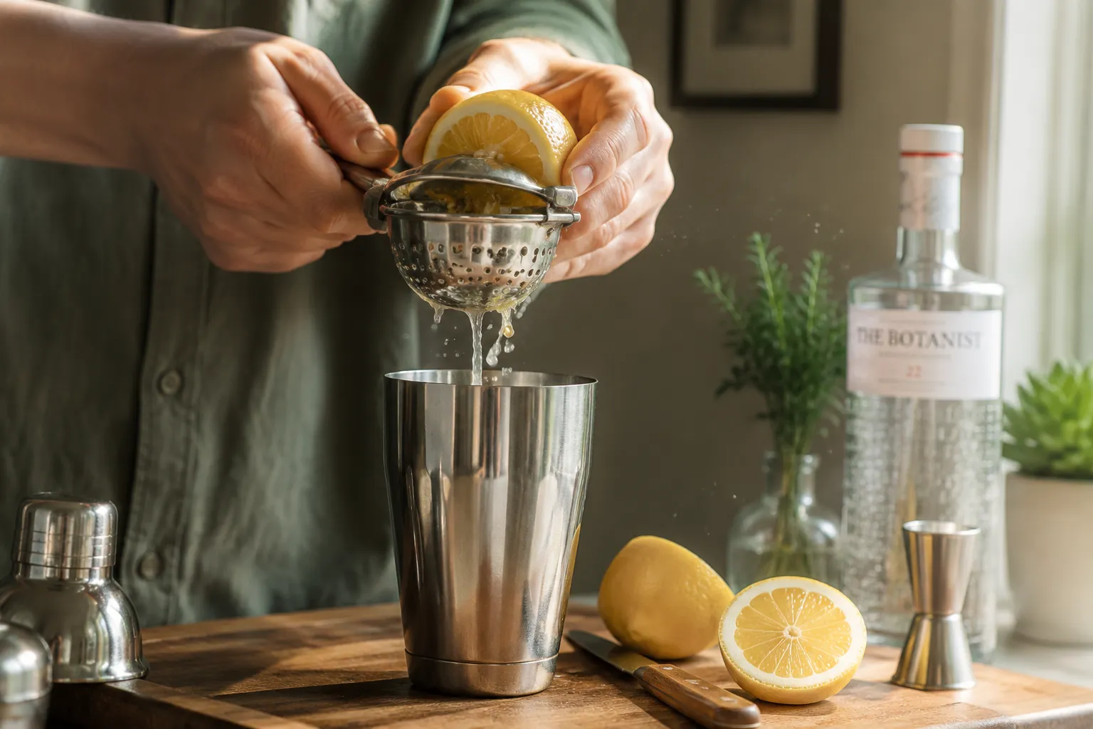 Squeezing fresh lemon juice into a shaker for a Tom Collins recipe