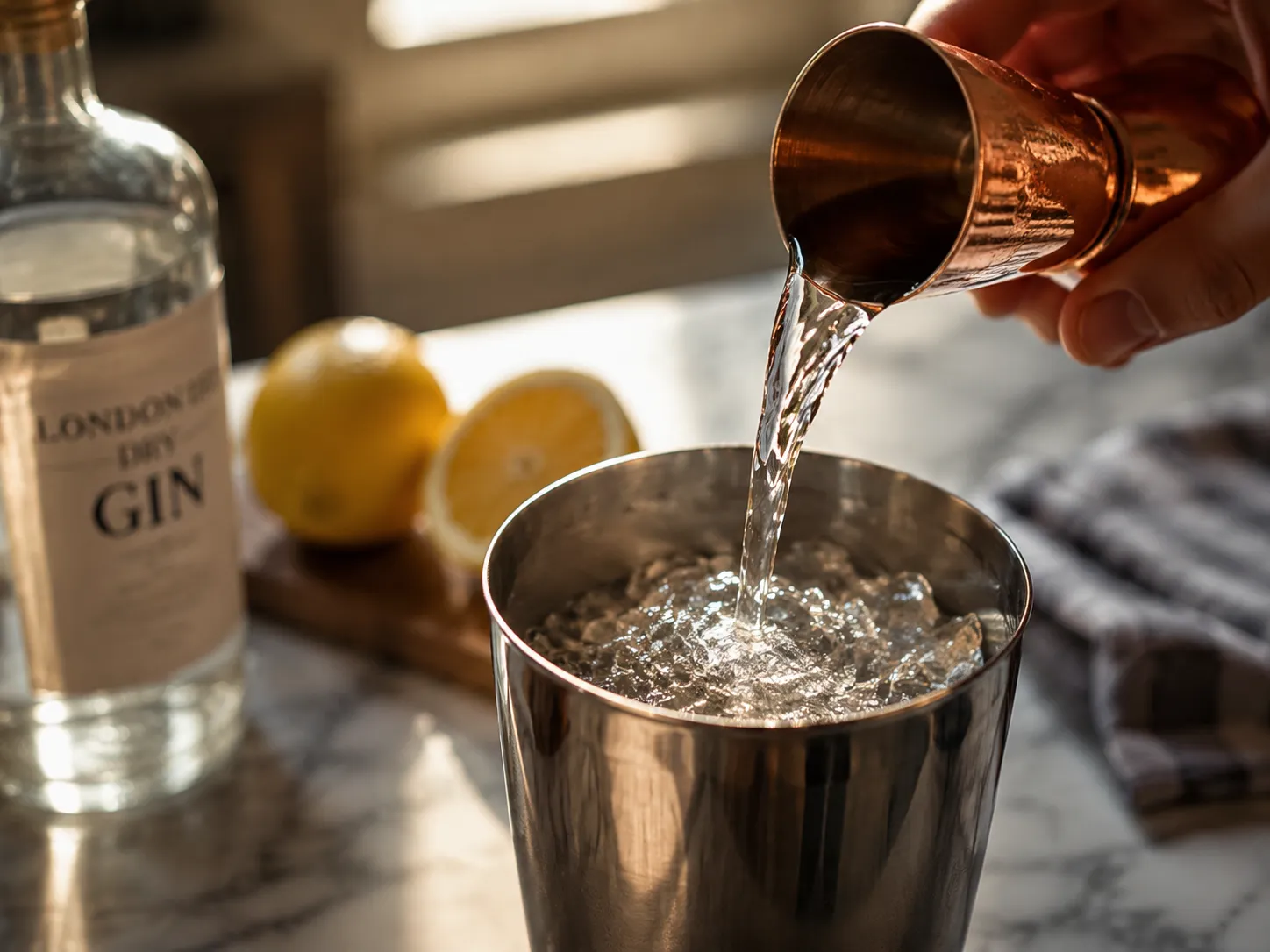 Pouring gin into a shaker for a classic Tom Collins recipe