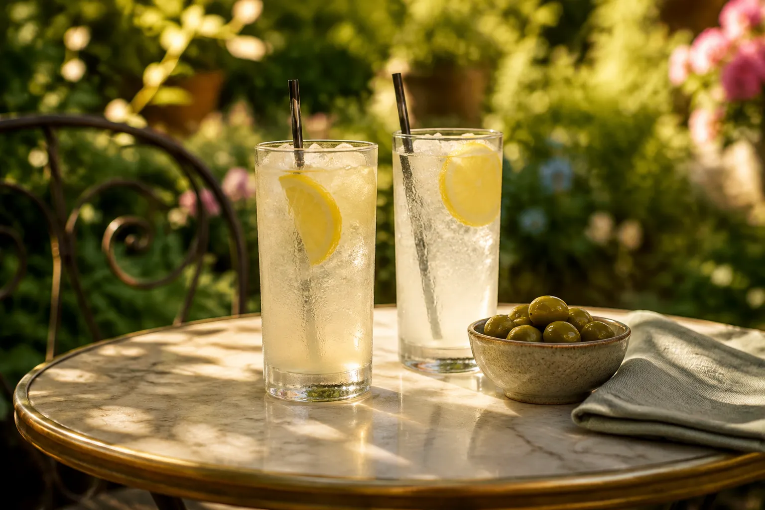 Two Tom Collins cocktails served outdoors for summer entertaining