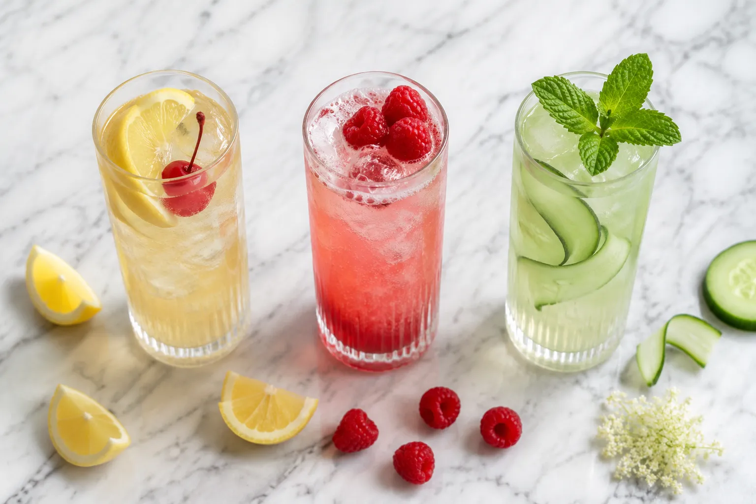 Three Tom Collins recipe variations: classic, berry, and cucumber